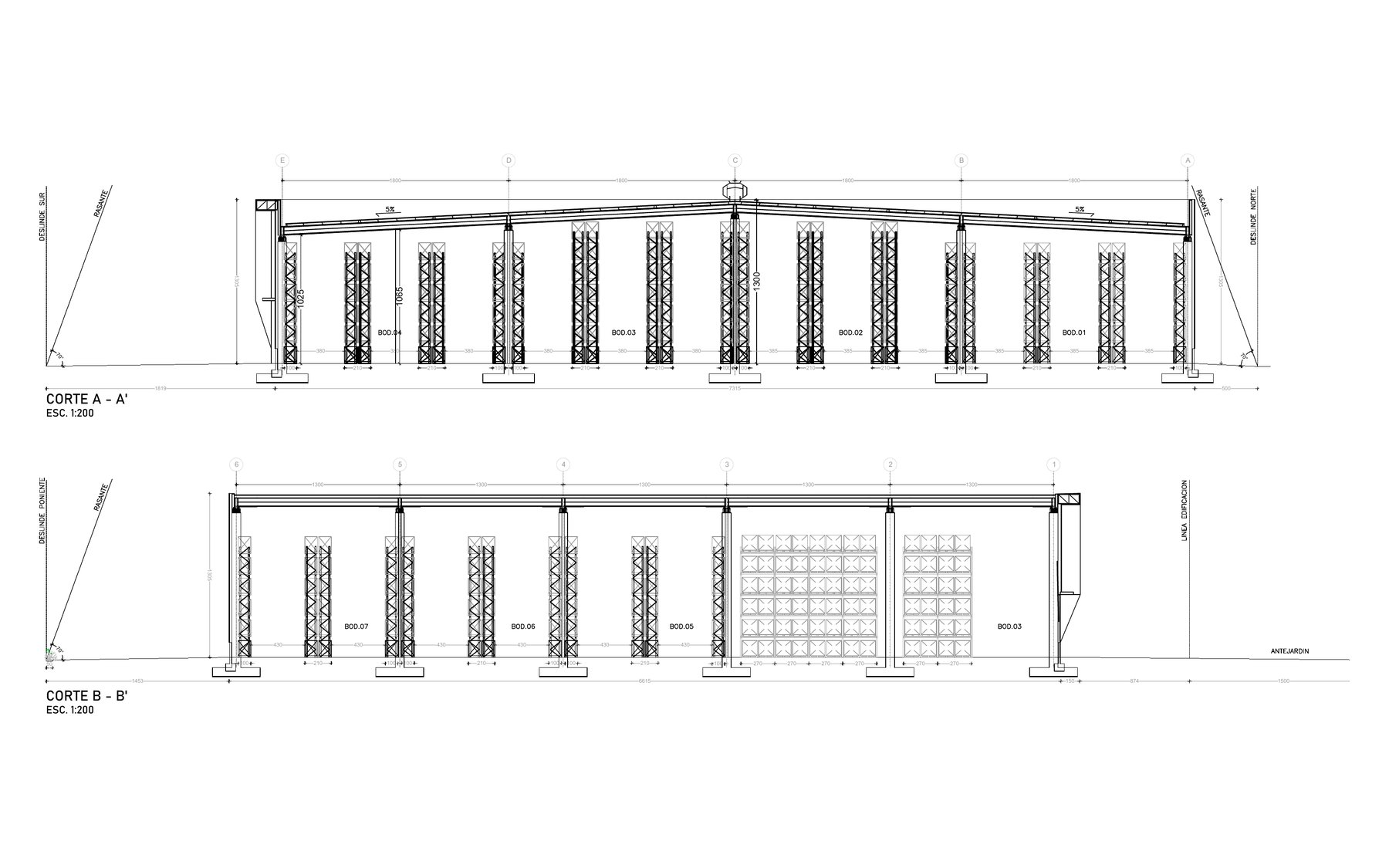 Cortes arquitectónicos de las bodegas con estructura y racks