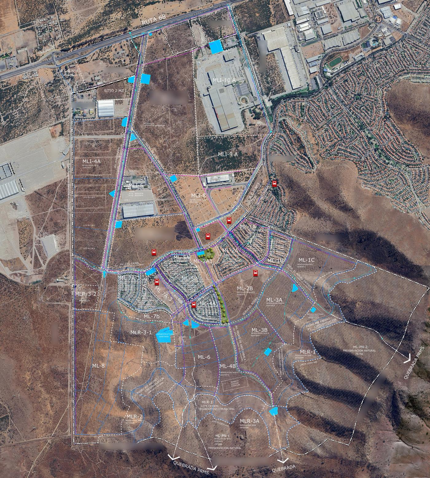 Plan maestro del loteo con macrolotes residenciales, industriales y áreas de preservación