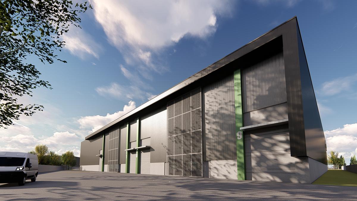 Render de la fachada de bodegas con portones y pilares verdes