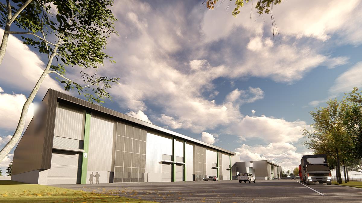 Render de bodegas modulares con portones numerados y patio de maniobras